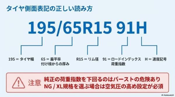 【ステップ1】今のタイヤ表記を確認する（サイズ・LI・速度記号・追加表記）