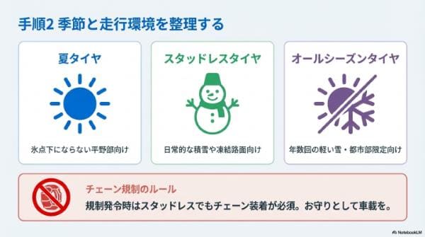 【ステップ2】季節と用途を決める（夏・冬・オールシーズン）