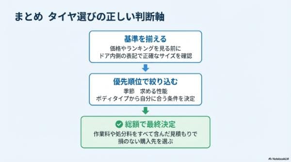 まとめ｜6ステップで決まるタイヤの選び方｜サイズ確認から購入先まで解説
