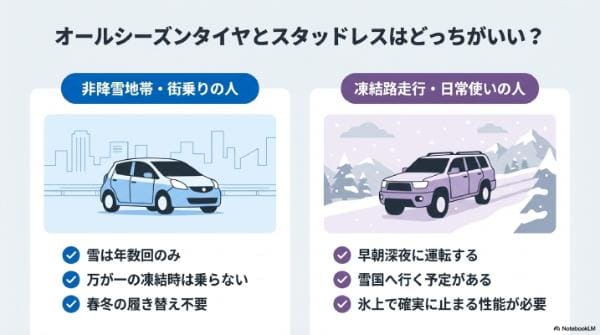 オールシーズンタイヤとスタッドレスはどっちがいい？