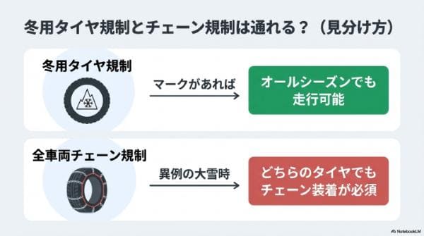 冬用タイヤ規制とチェーン規制は通れる？（見分け方）