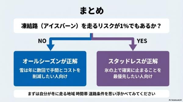 まとめ｜オールシーズンタイヤとスタッドレス比較｜価格・性能・規制の違い