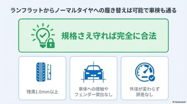 ランフラットからノーマルタイヤへの履き替えは可能で車検も通る