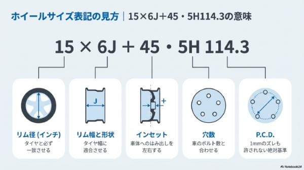 ホイールサイズ表記の見方｜「15×6J＋45・5H114.3」の意味