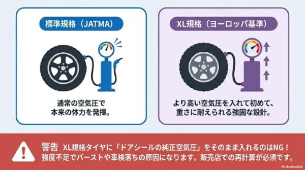 輸入タイヤに多い「XL規格」は空気圧の再計算が必須