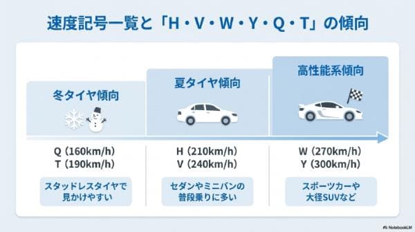 速度記号一覧と「H・V・W・Y・Q・T」の傾向