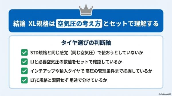 まとめ｜タイヤのXL規格とは？メリット・デメリットと空気圧の注意点