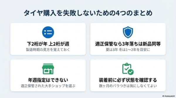 まとめ｜タイヤの製造年週の見方と調べ方｜新品は何年落ちまでが許容範囲？