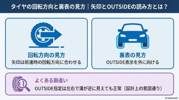 タイヤの回転方向と裏表の見方|矢印とOUTSIDEの読み方とは?