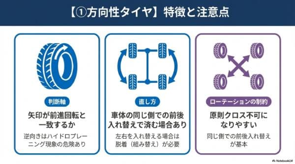 【①方向性タイヤ】特徴と注意点