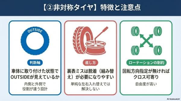 【②非対称タイヤ】特徴と注意点