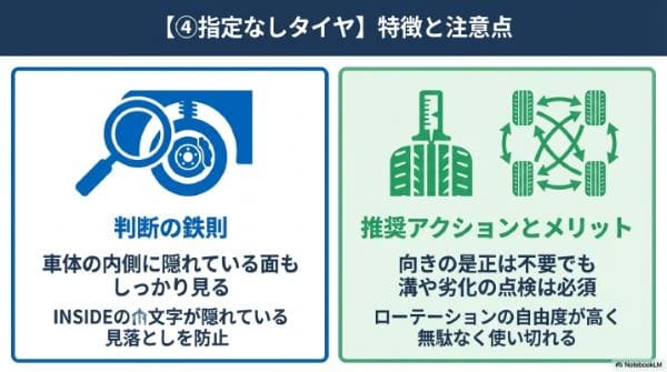 【④指定なしタイヤ】特徴と注意点
