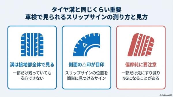 タイヤ溝と同じくらい重要｜車検で見られるスリップサインの測り方と見方