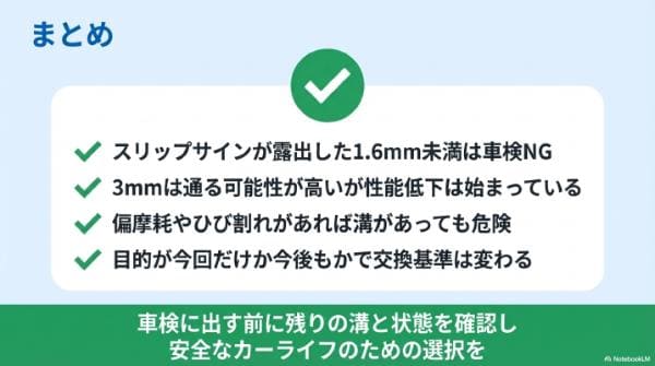 まとめ｜タイヤの溝が3mmは車検通らない？スリップサインの基準とギリギリの判断
