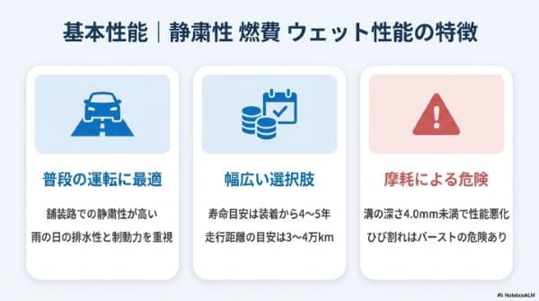 基本性能｜ノーマルタイヤの静粛性・燃費・ウェット性能の特徴