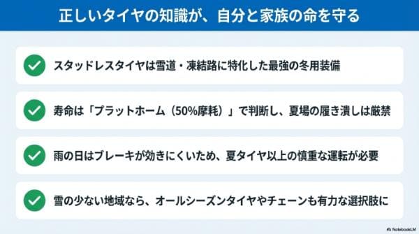 まとめ｜スタッドレスタイヤ（冬タイヤ）とは？雪道・凍結性能の特徴やメリット・デメリット