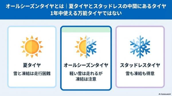 オールシーズンタイヤとは|夏タイヤとスタッドレスの中間にあるタイヤ