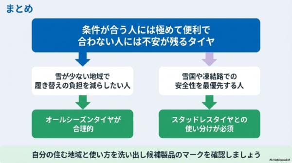 まとめ|オールシーズンタイヤはやめたほうがいい?後悔する人の特徴と買っていい条件
