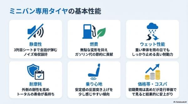 基本性能｜ミニバン専用タイヤの安定感・静粛性・寿命の特徴