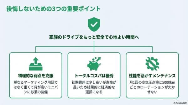 まとめ｜ミニバン専用タイヤの特徴や違いとは？メリット・デメリットと必要・不要の判断