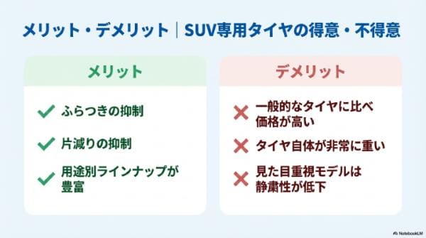 メリット・デメリット｜SUV専用タイヤの得意・不得意