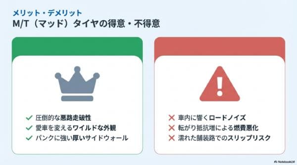 メリット・デメリット｜M/T（マッド）タイヤの得意・不得意
