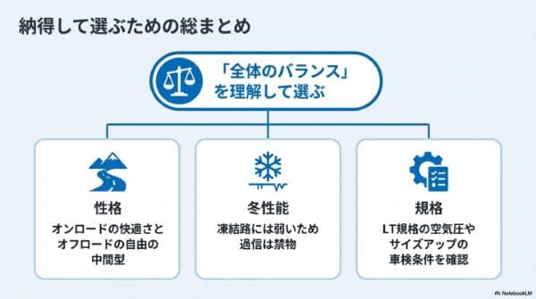 まとめ｜A/T（オールテレーン）タイヤとは？雪道・街乗り・燃費の特徴やメリット・デメリット