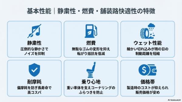 基本性能|H/T(ハイウェイテレーン)タイヤの静粛性・燃費・舗装路快適性の特徴