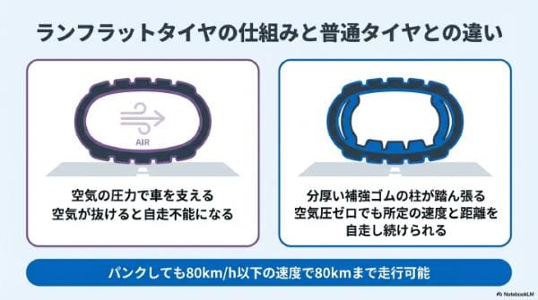 ランフラットタイヤの仕組みと普通タイヤとの違い