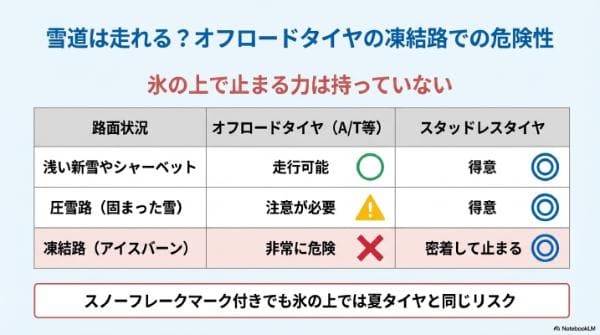 雪道は走れる？オフロードタイヤの凍結路での危険性