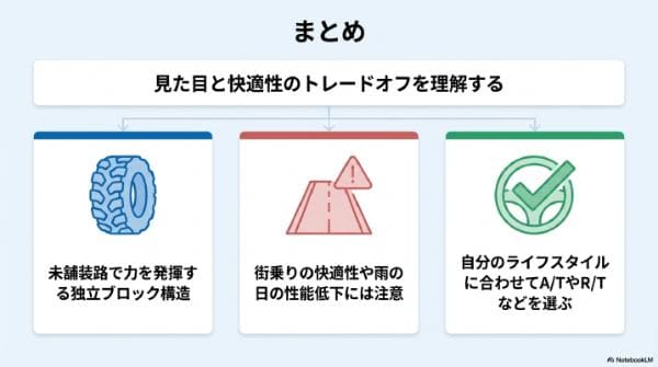 まとめ｜オフロードタイヤのメリット・デメリットとは？種類の違いと街乗り・雪道の特徴