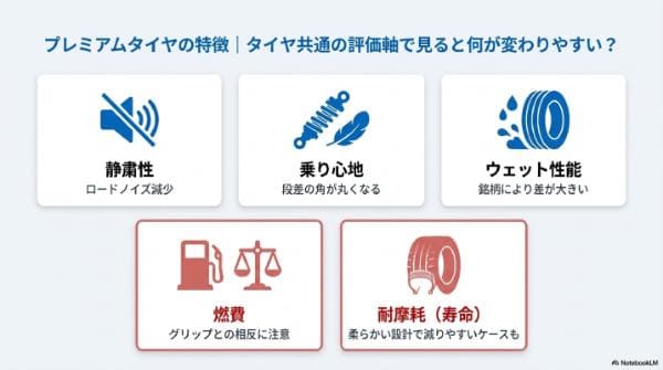 プレミアムタイヤの特徴｜タイヤ共通の評価軸で見ると何が変わりやすい？