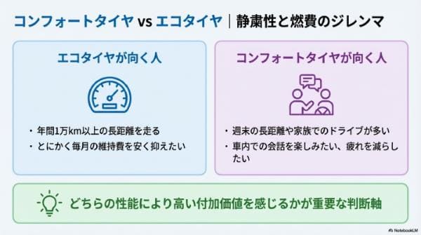コンフォートタイヤ vs エコタイヤ|静粛性と燃費のジレンマ