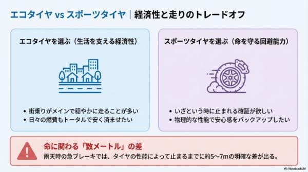 エコタイヤ vs スポーツタイヤ|経済性と走りのトレードオフ