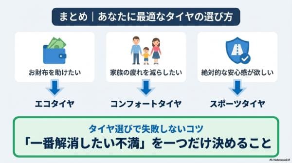 まとめ|スポーツ・コンフォート・エコタイヤの違い|迷った時の選び方ガイド