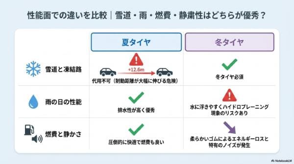 性能面での違いを比較｜雪道・雨・燃費・静粛性はどちらが優秀？