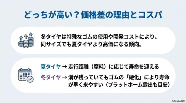 夏タイヤと冬タイヤはどっちが高い？価格差の理由とコスパ