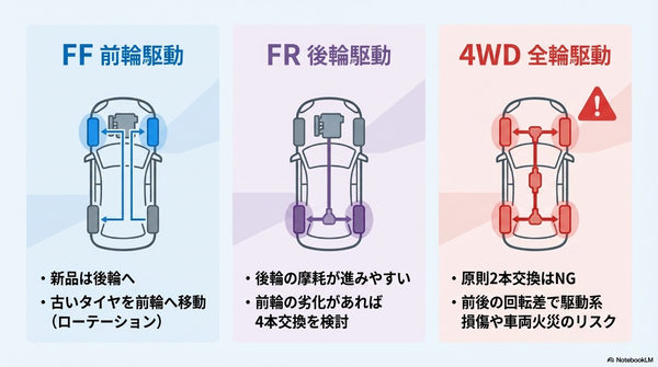 駆動方式別|FF FR 4WDでタイヤ交換の前後判断はどう変わる?
