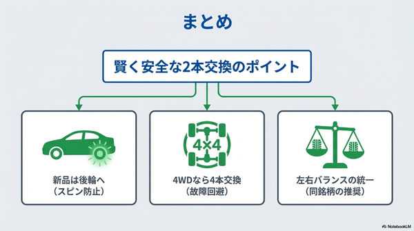 まとめ|タイヤ2本だけ交換はあり?前後どっちに新品を入れるべきか
