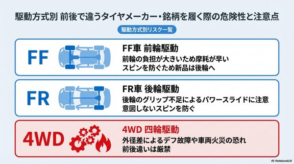 駆動方式別｜前後で違うタイヤメーカー・銘柄を履く際の危険性と注意点