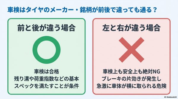 車検はタイヤのメーカー・銘柄が前後で違っても通る？