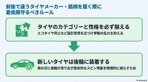 前後で違うタイヤメーカー・銘柄を履く際に最低限守るべきルール