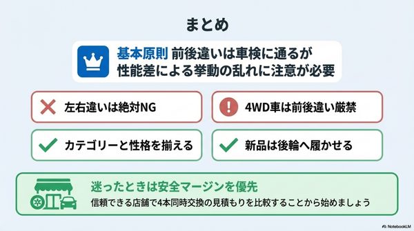 まとめ｜タイヤは前後で違う銘柄でも車検は通る？FF・FR・4WD別の危険性とは？