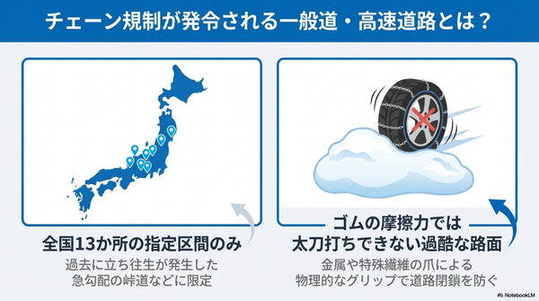 チェーン規制が発令される一般道・高速道路とは？