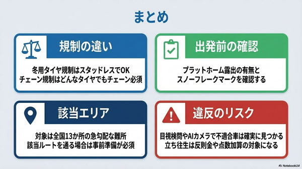まとめ｜冬用タイヤ規制とチェーン規制の違いとは？通行できる基準を解説