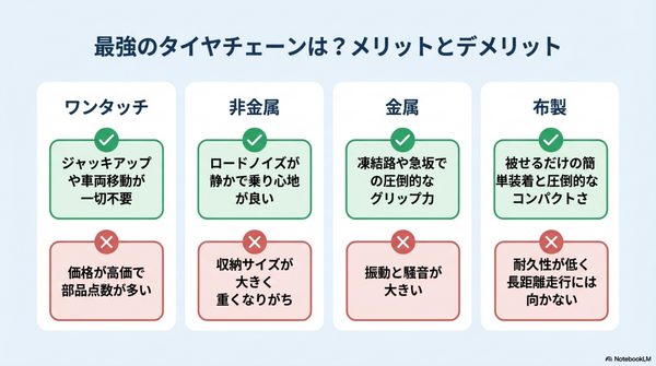 最強のタイヤチェーンは?メリット・デメリットを解説