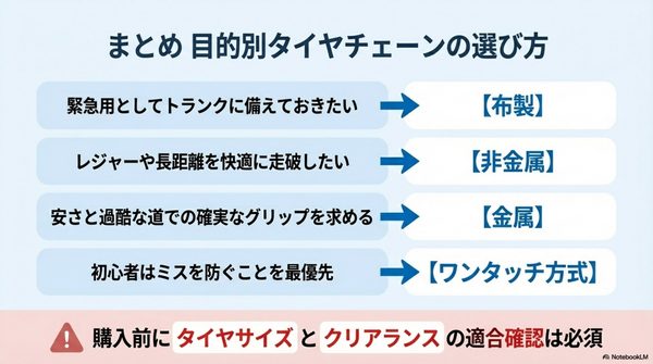 まとめ|タイヤチェーンおすすめ最強はどれ?種類別の違いと失敗しない選び方